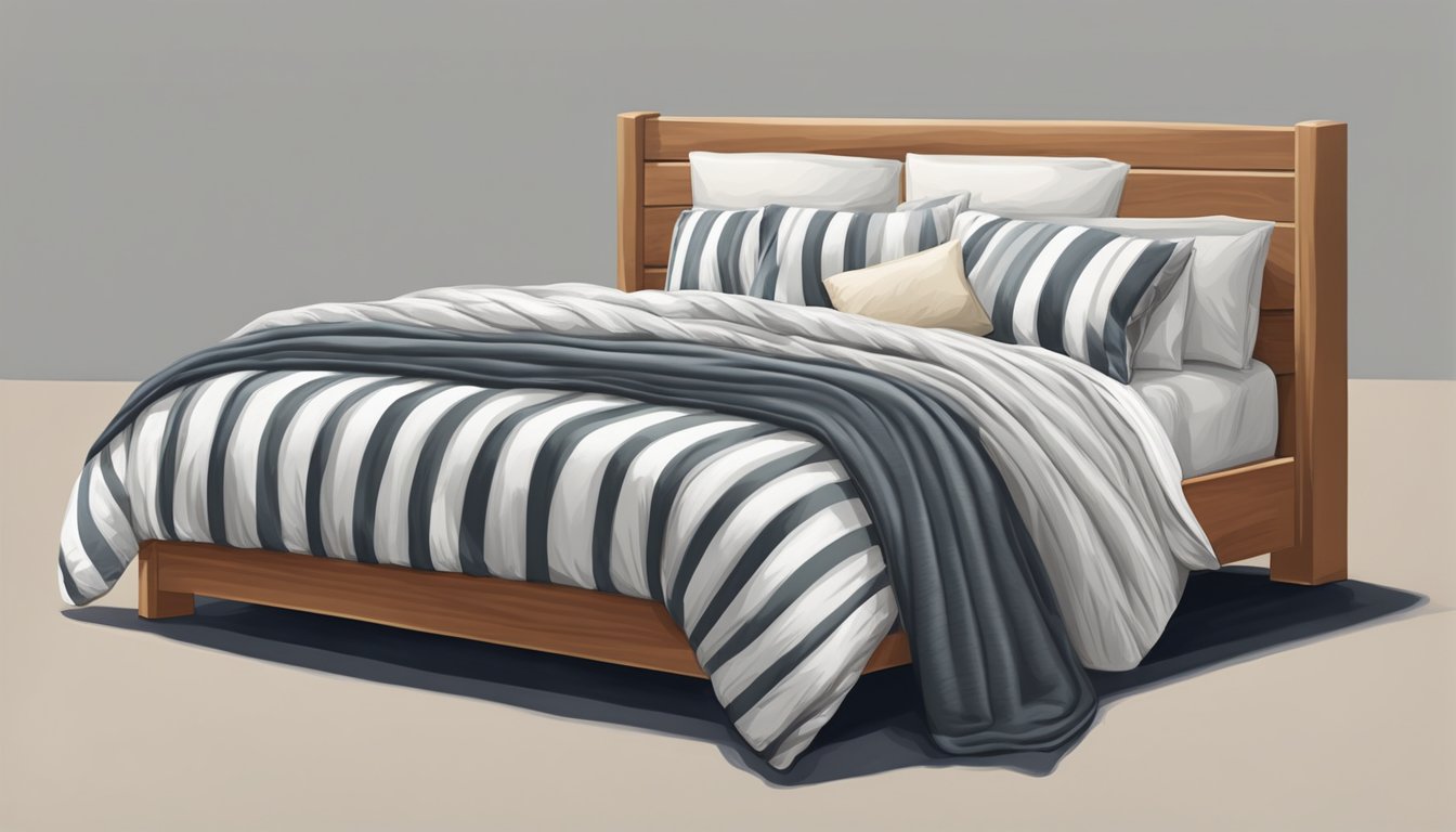 A neatly made twin size bed with a striped comforter and fluffy pillows. A soft throw blanket is draped over the foot of the bed