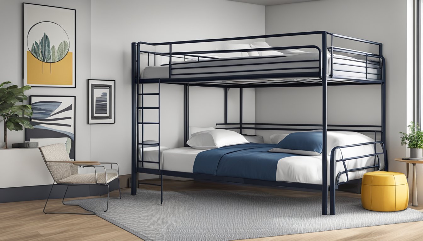 A sturdy metal double decker bed with a sleek modern design, featuring a top bunk with a secure railing and a ladder for easy access