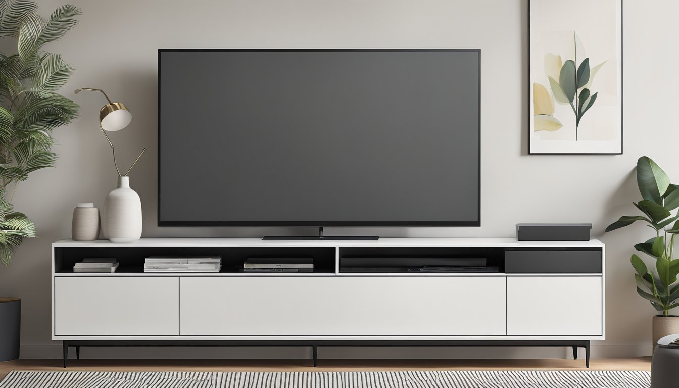 A sleek TV console with clean lines and minimalistic design, featuring a low profile and open shelving for media storage