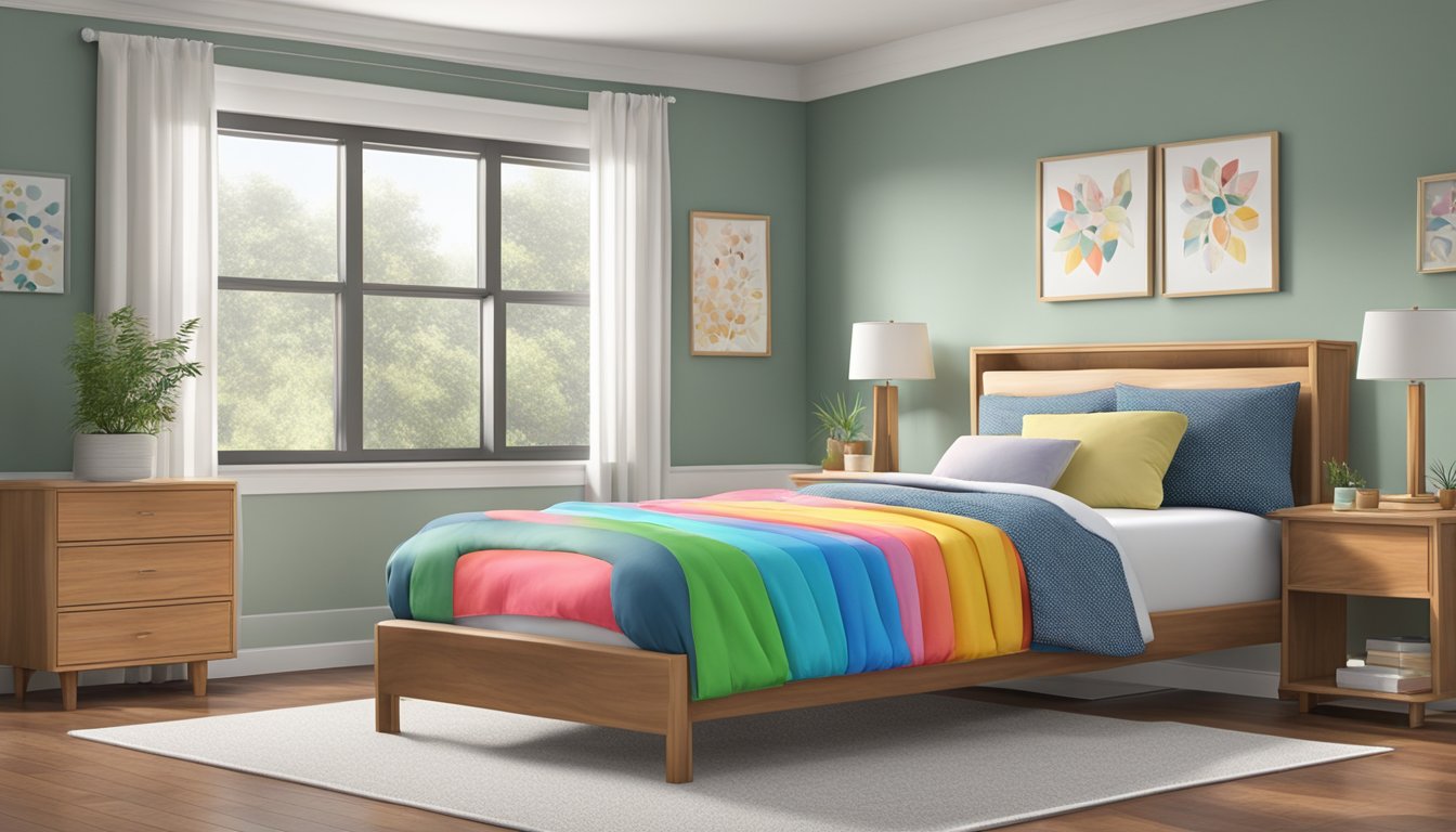 A twin size bed, 38 inches wide and 75 inches long, sits against a wall with a simple headboard. The bed is neatly made with a white fitted sheet and a colorful comforter