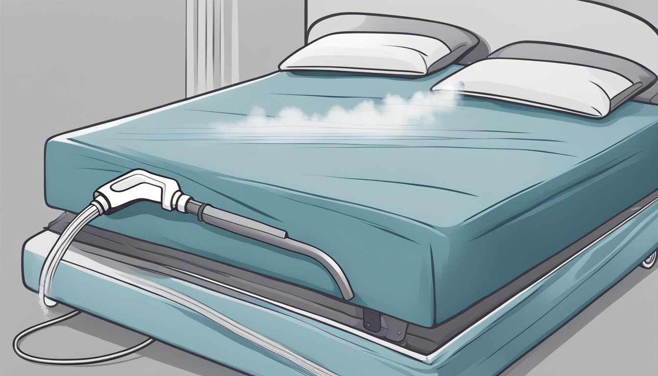 A steam cleaner releasing hot vapor onto a mattress, removing stains and odors, while the fabric becomes visibly clean and refreshed