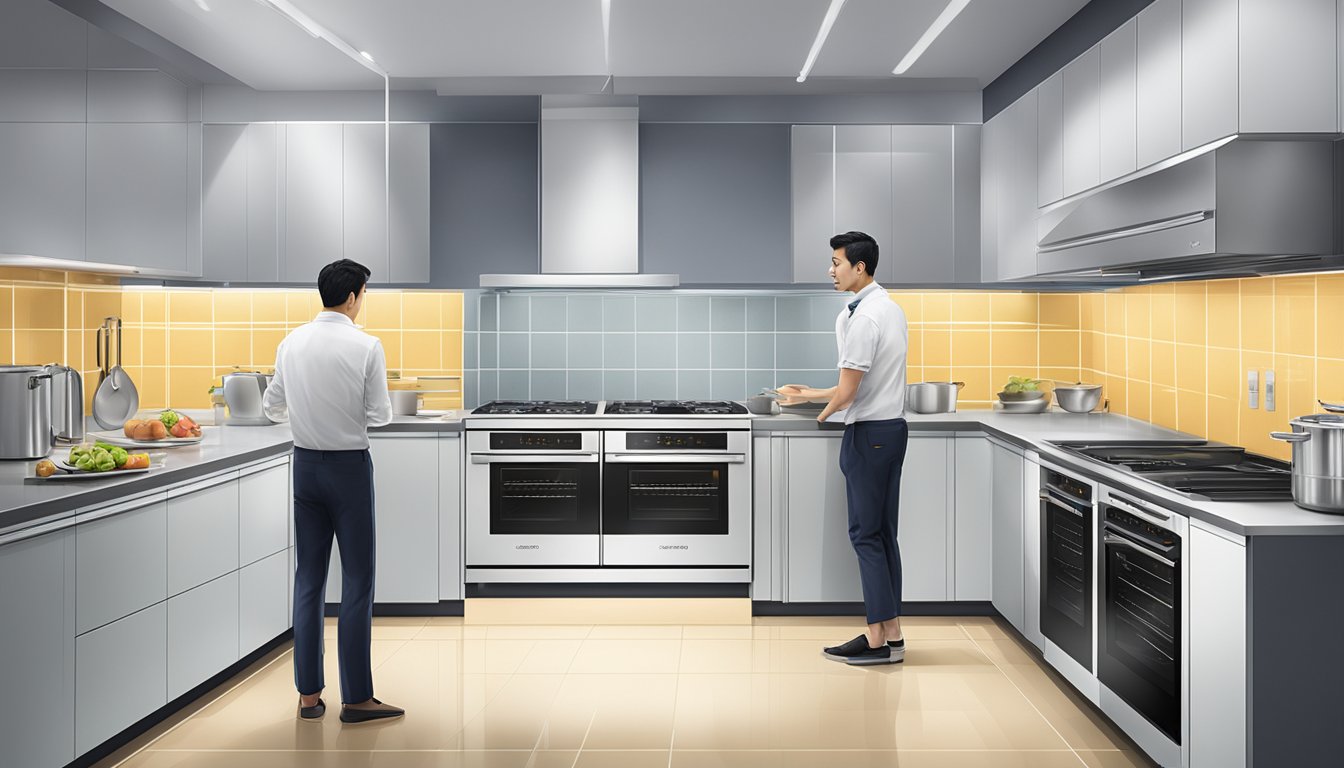 A person comparing steam ovens in a modern Singapore kitchen showroom