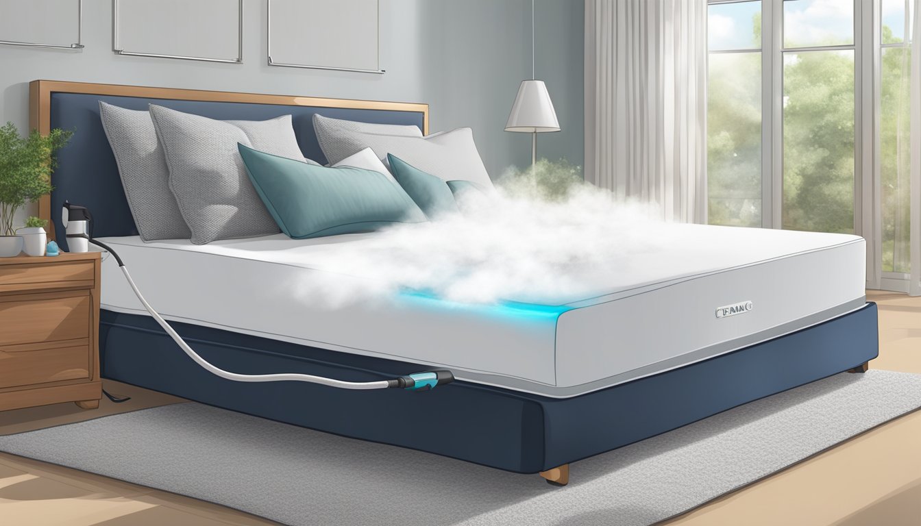 A steam cleaner hovers over a mattress, releasing steam to remove dirt and allergens. The mattress appears clean and refreshed