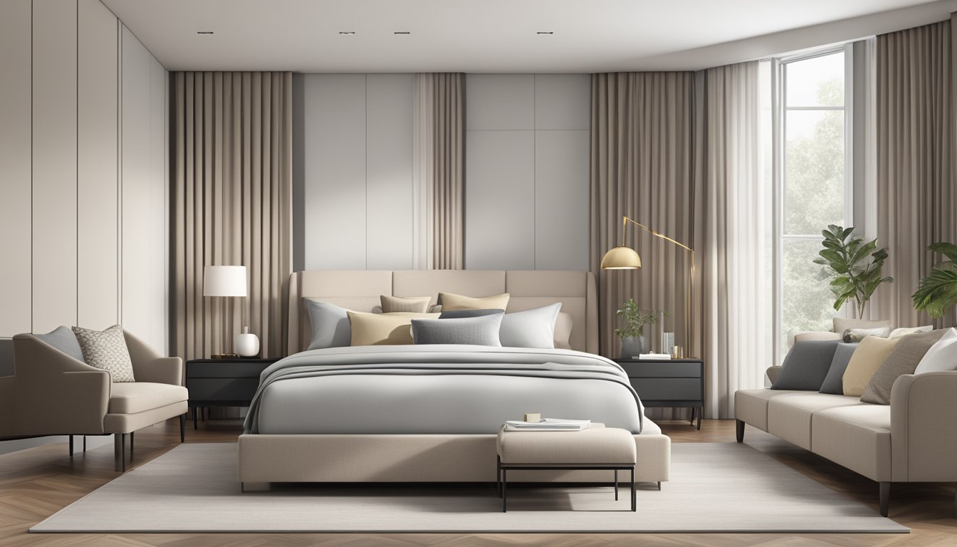 A sleek, modern upholstered bed frame with clean lines and a minimalist design, featuring a neutral color palette and luxurious fabric upholstery