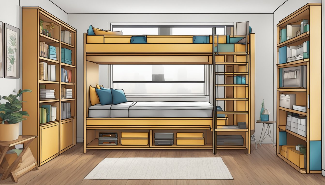 A double-decker bed for adults with built-in ladder and safety railings, surrounded by shelves and storage compartments