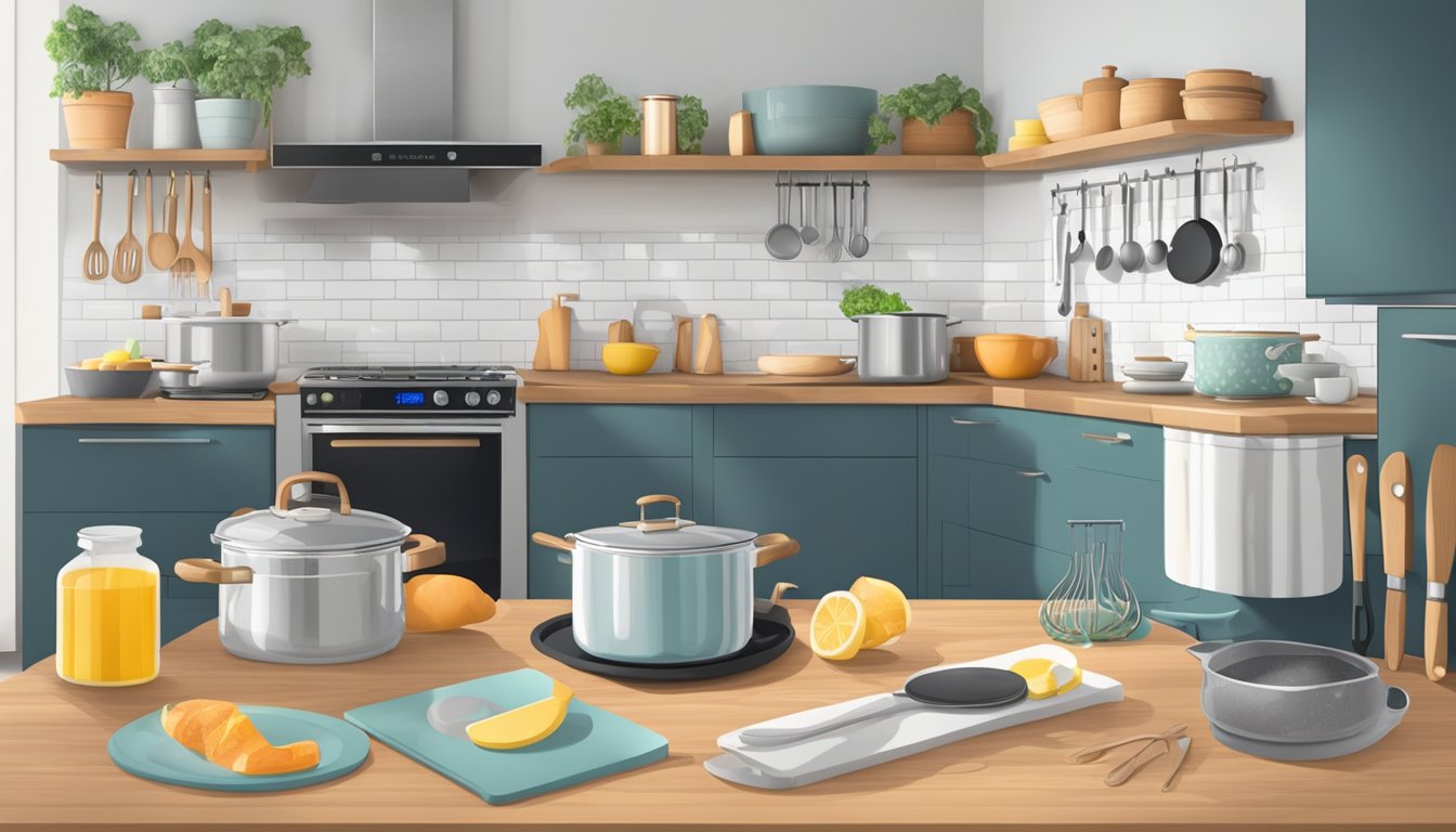 A modern kitchen with a sleek steam oven, surrounded by various cooking utensils and ingredients, with a "Frequently Asked Questions" sign nearby