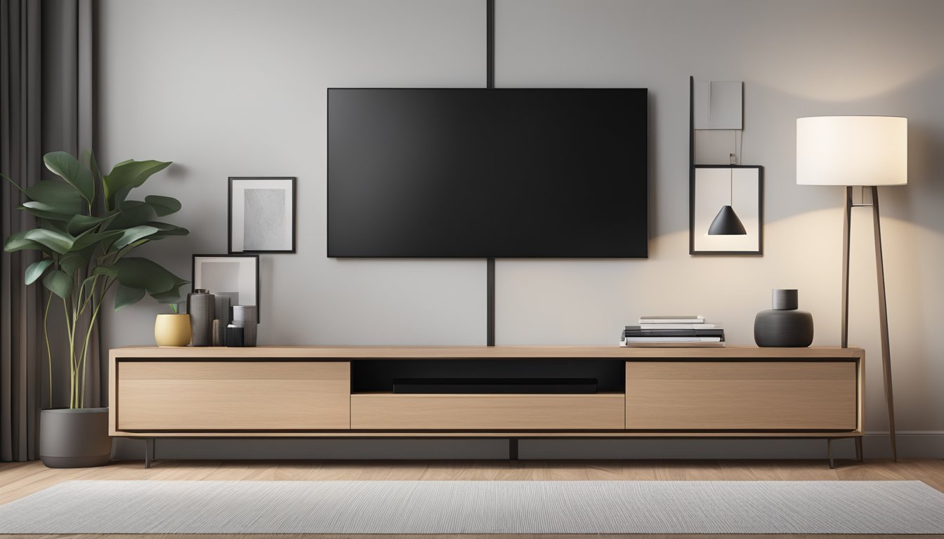 A sleek, minimalist TV console in a modern living room, with clean lines and elegant design