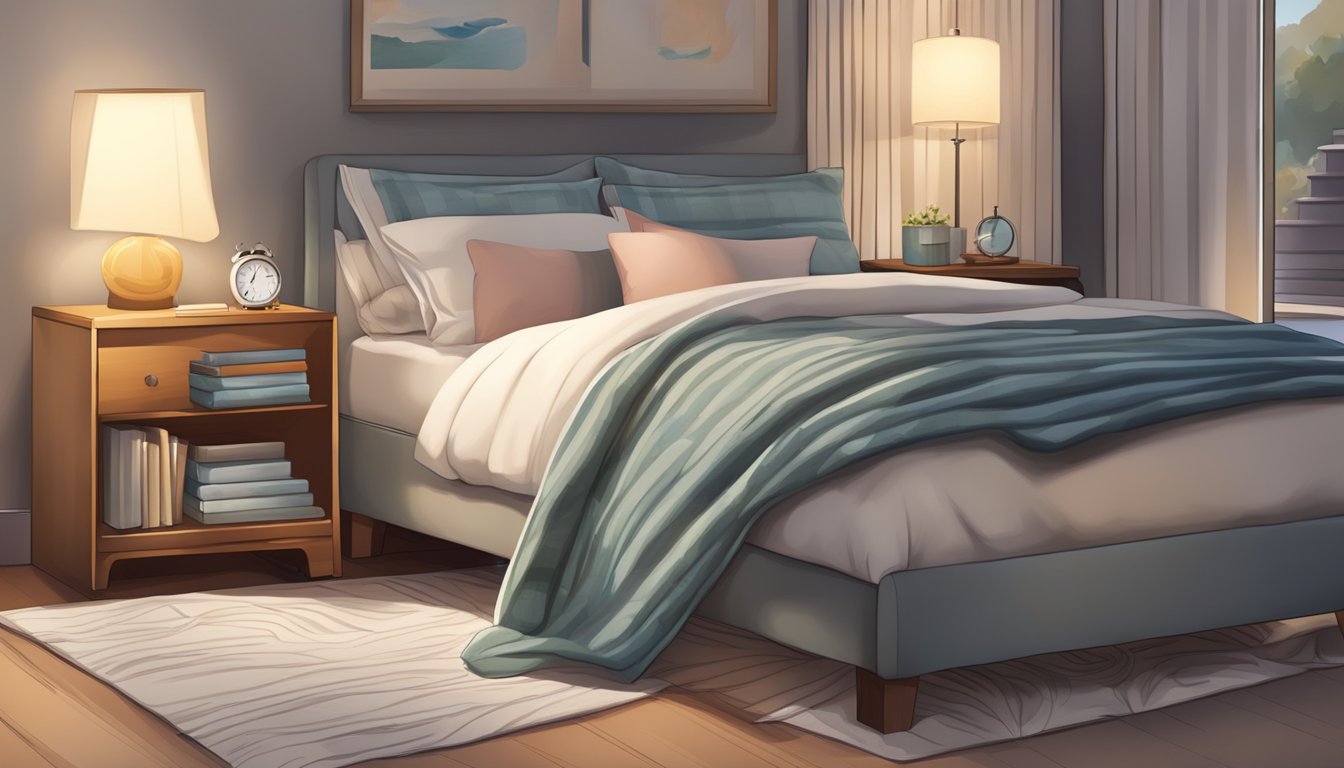 A neatly made twin size bed with fluffy pillows and a cozy blanket, surrounded by a small nightstand with a lamp and a book