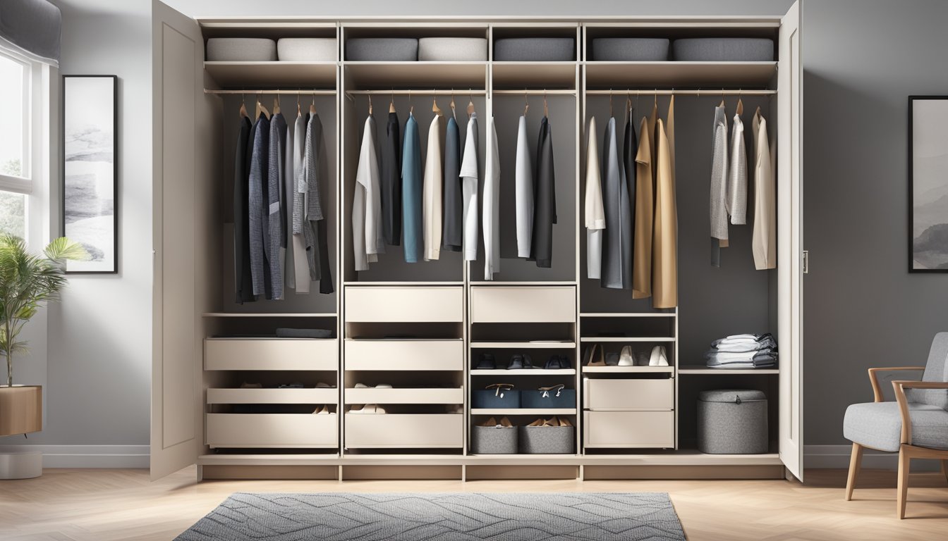 A sleek, modern 2-door wardrobe stands in a well-lit room. The wardrobe is neatly organized with various clothing items and accessories neatly displayed inside