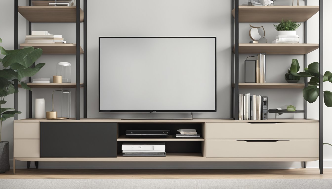 A sleek, minimalist TV console with clean lines and a neutral color palette. The console features open shelving for media devices and closed storage for hiding clutter