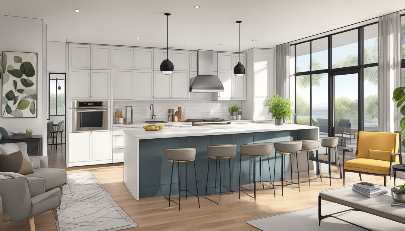 A spacious room with modern furnishings, clean lines, and ample natural light. A sleek and functional kitchen area seamlessly connects to the living space