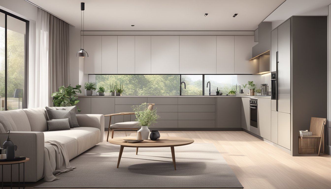 A spacious living area with a modern, minimalist design. A sleek kitchen with built-in appliances. A cozy bedroom with a large window for natural light