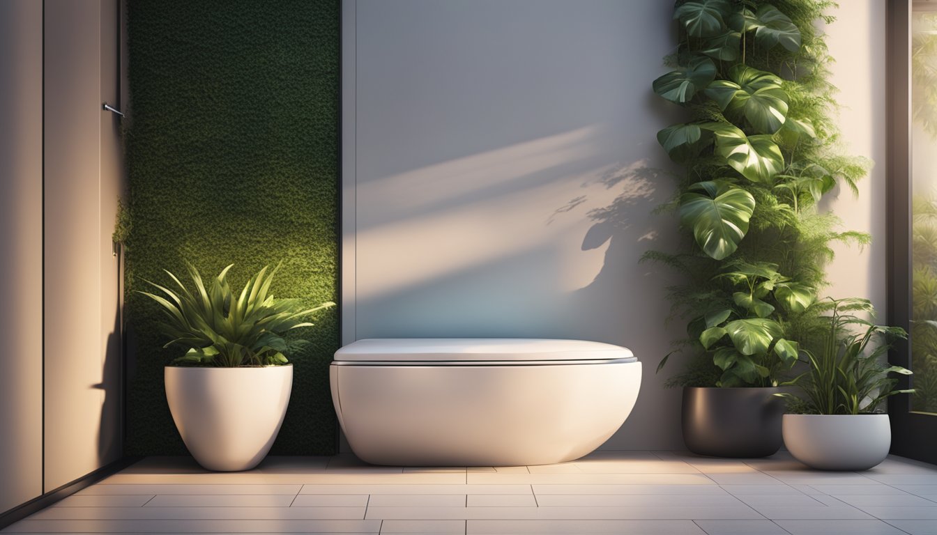 A sleek, modern toilet sits atop a raised platform with a tiled kerb, surrounded by lush green plants and soft ambient lighting