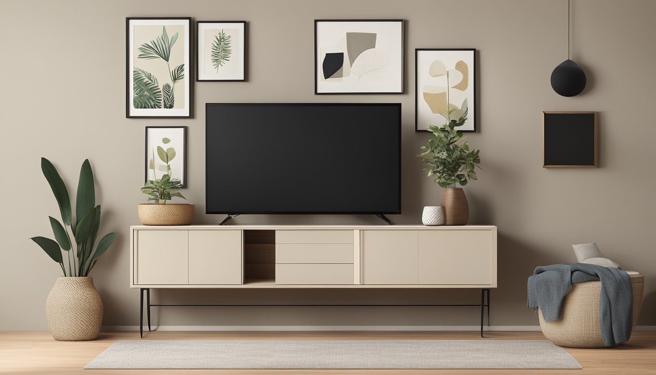 A sleek, minimalistic TV console sits against a neutral-colored wall, adorned with a few carefully selected decorative items and framed artwork