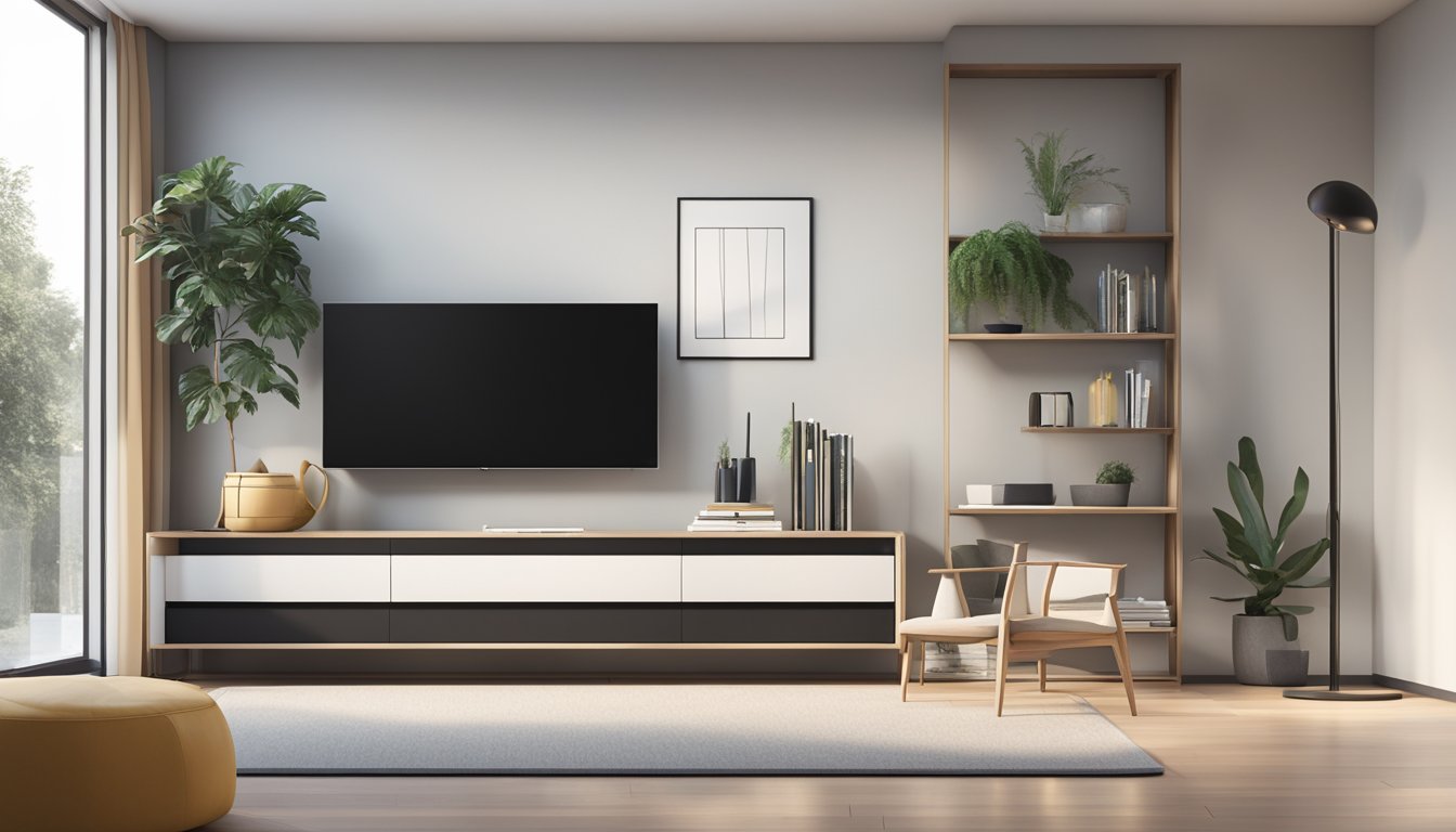 A sleek, modern slim TV console in a minimalist living room with clean lines and a clutter-free environment