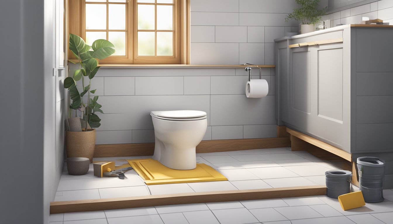 A toilet kerb is being installed in a renovated bathroom, surrounded by tools and materials