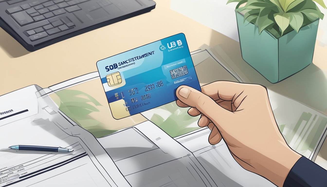 A person holding a Singaporean identification card and a bank statement, with a UOB CashPlus brochure in the background