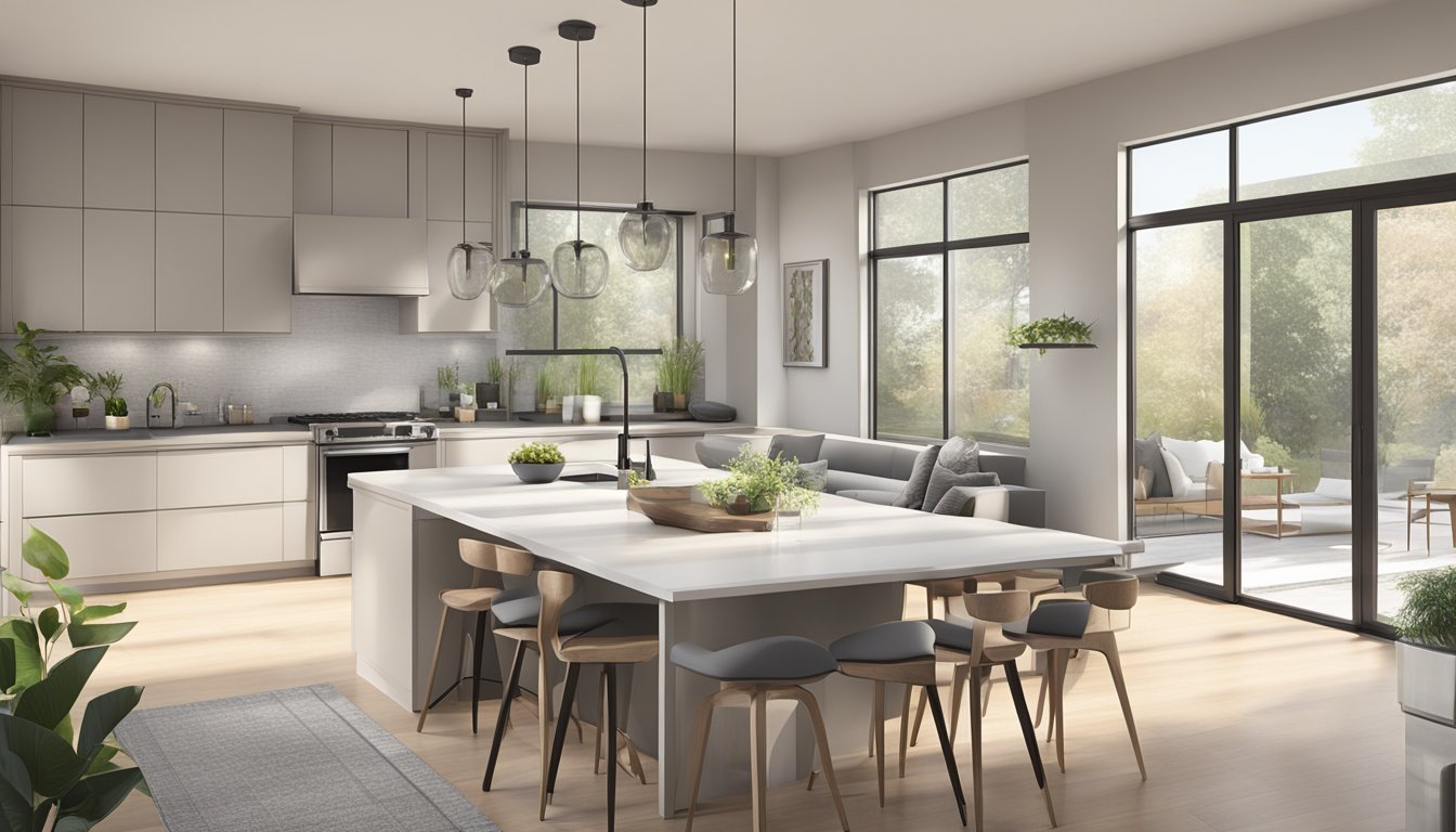 A modern, open-concept living area with sleek, minimalist furniture and a neutral color palette. The kitchen features integrated appliances and a spacious island. Large windows let in plenty of natural light, creating a bright and inviting space