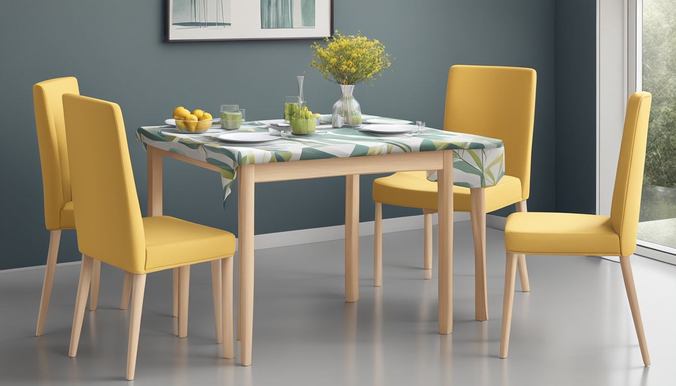 A 4-seater dining table with a simple, modern design, set with a tablecloth and four chairs around it