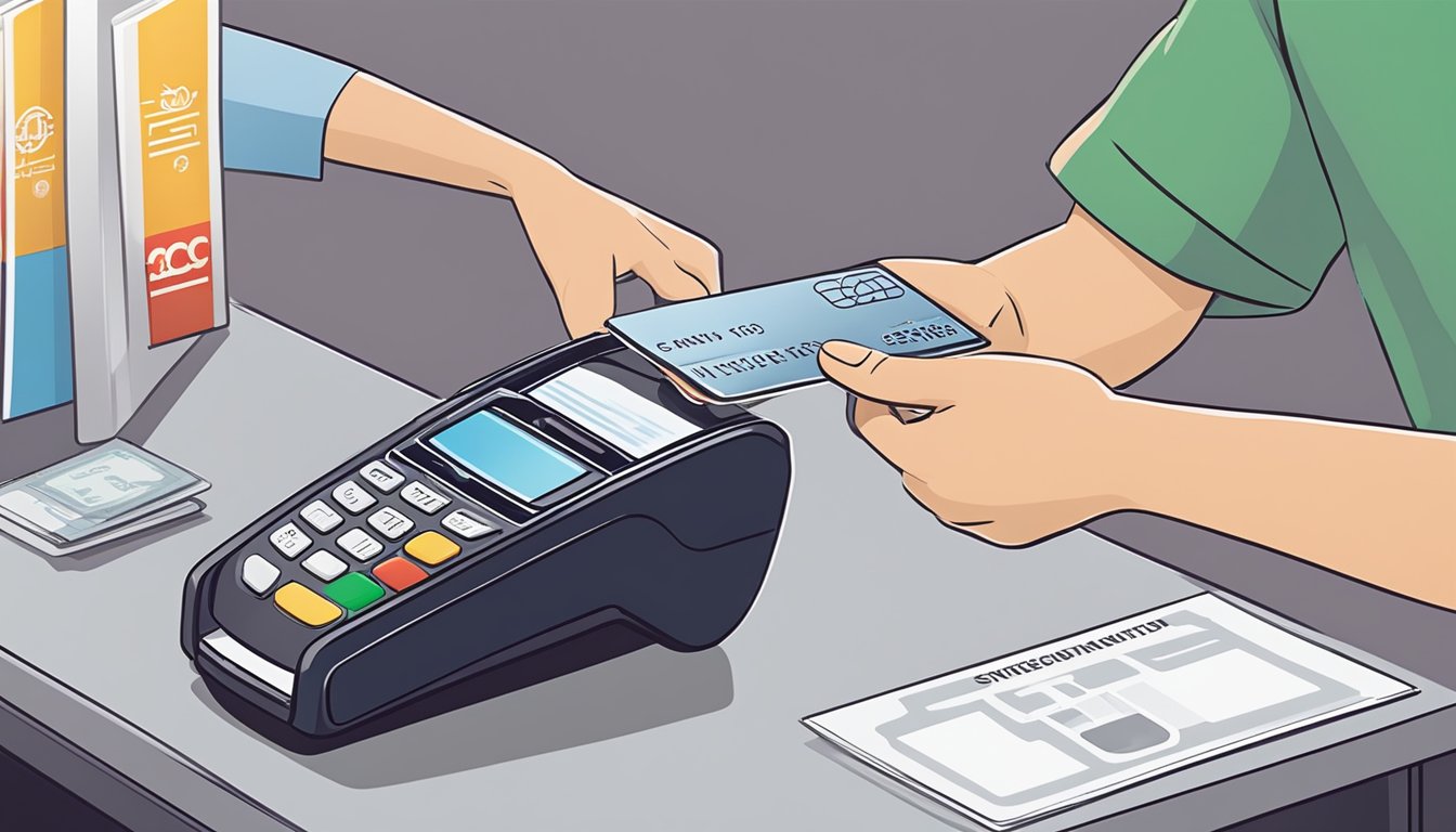 A person swiping an OCBC credit card to pay for instalment fees at a Singapore store, with a clear view of the Cash-on-Instalments terms and conditions displayed