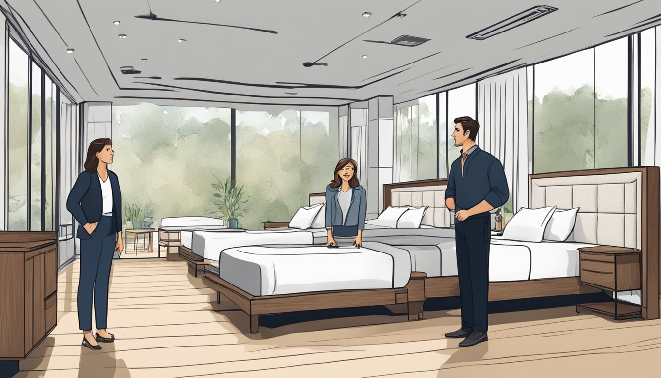 A couple stands in a showroom, comparing different queen size beds. The salesman points to the dimensions of each bed, while the couple measures and discusses their options