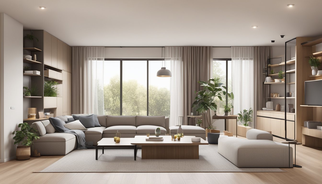 A modern, minimalist living room with sleek furniture, neutral colors, and plenty of natural light. A sleek kitchen with clean lines, integrated appliances, and a spacious island. A cozy bedroom with warm tones, soft lighting, and ample storage