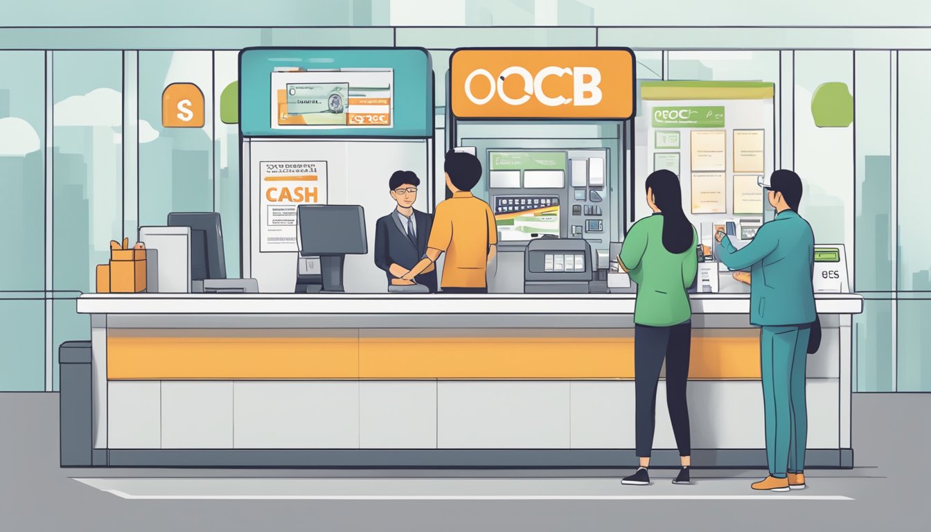 A person at a bank counter, handing over cash with a sign displaying "OCBC Cash-on-Instalments Fees" prominently