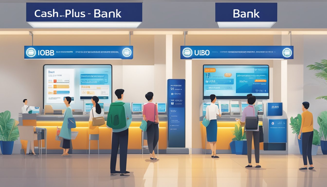A bright, modern bank branch with "UOB CashPlus" prominently displayed. A sign lists eligibility requirements for Singapore residents. Interest rates and fees are displayed on a digital screen