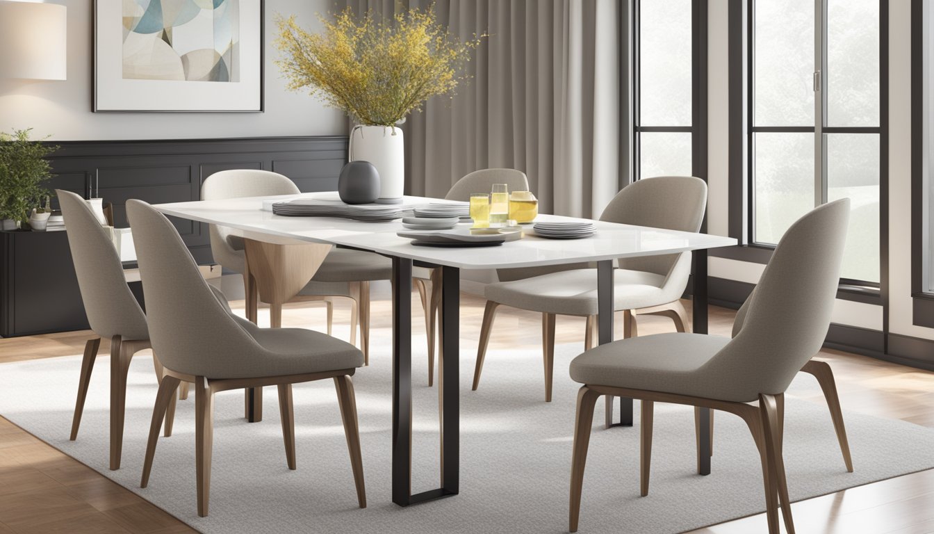 A 4-seater dining table with a sleek, modern design sits in a bright, airy room. The table is adorned with a simple centerpiece, and the surrounding chairs are comfortable and inviting