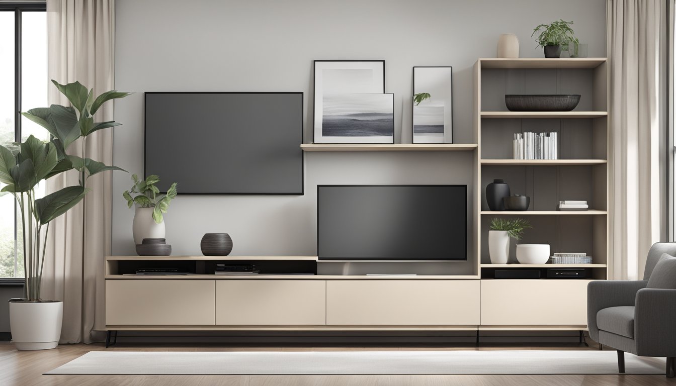 A sleek, minimalist TV console with clean lines and a neutral color palette. The design features open shelving for easy access and a simple, modern aesthetic