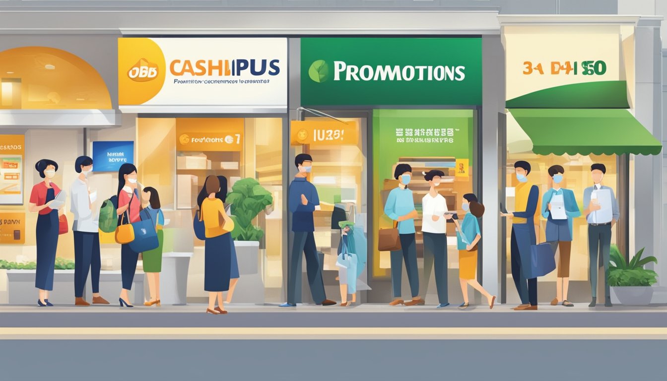 A bright, eye-catching banner displays "Promotions and Offers" with UOB CashPlus eligibility requirements in Singapore. A queue of diverse customers eagerly waits to inquire