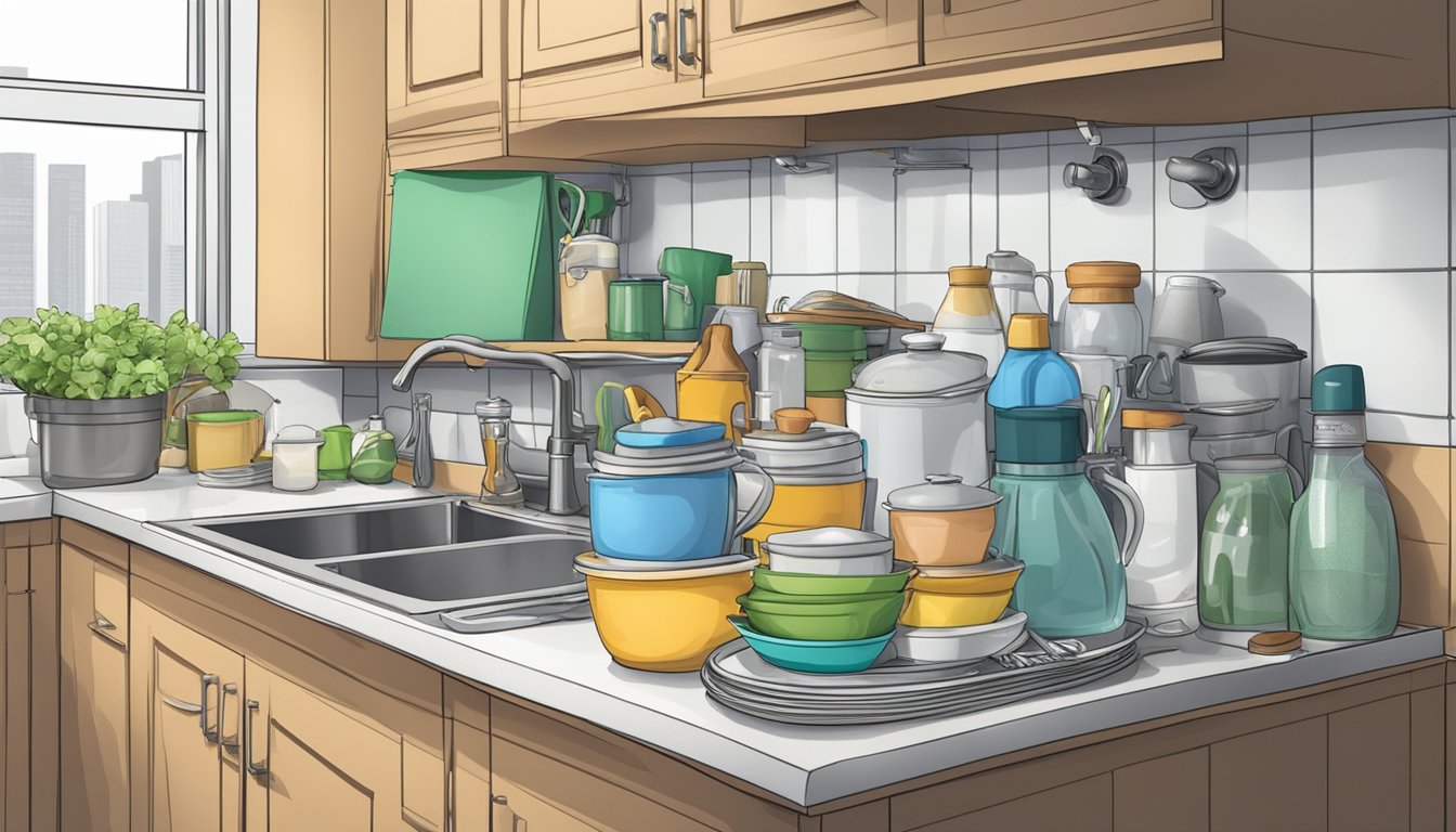 A cluttered kitchen sink cabinet in Singapore, with dishes piled high and cleaning supplies scattered around