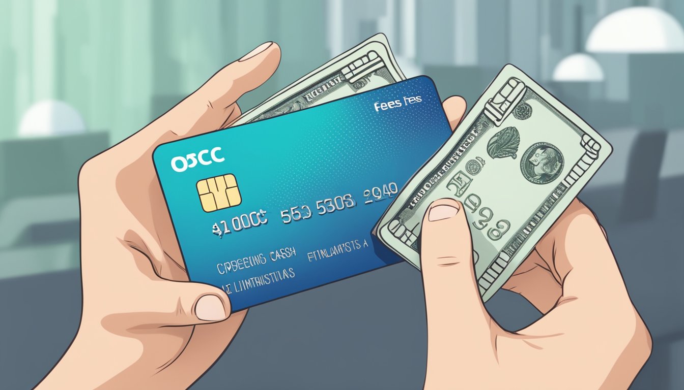 A hand holding an OCBC Cash-on-Instalments card, with a list of fees and limitations in the background
