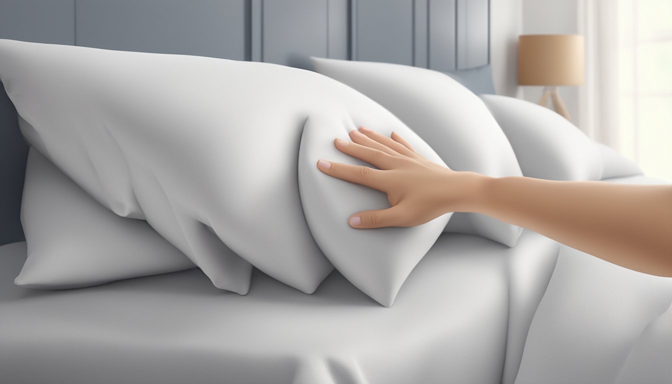 A hand reaches for a firm foam pillow on a neatly made bed, surrounded by other pillows. The pillow is thick and supportive, with a soft, smooth cover