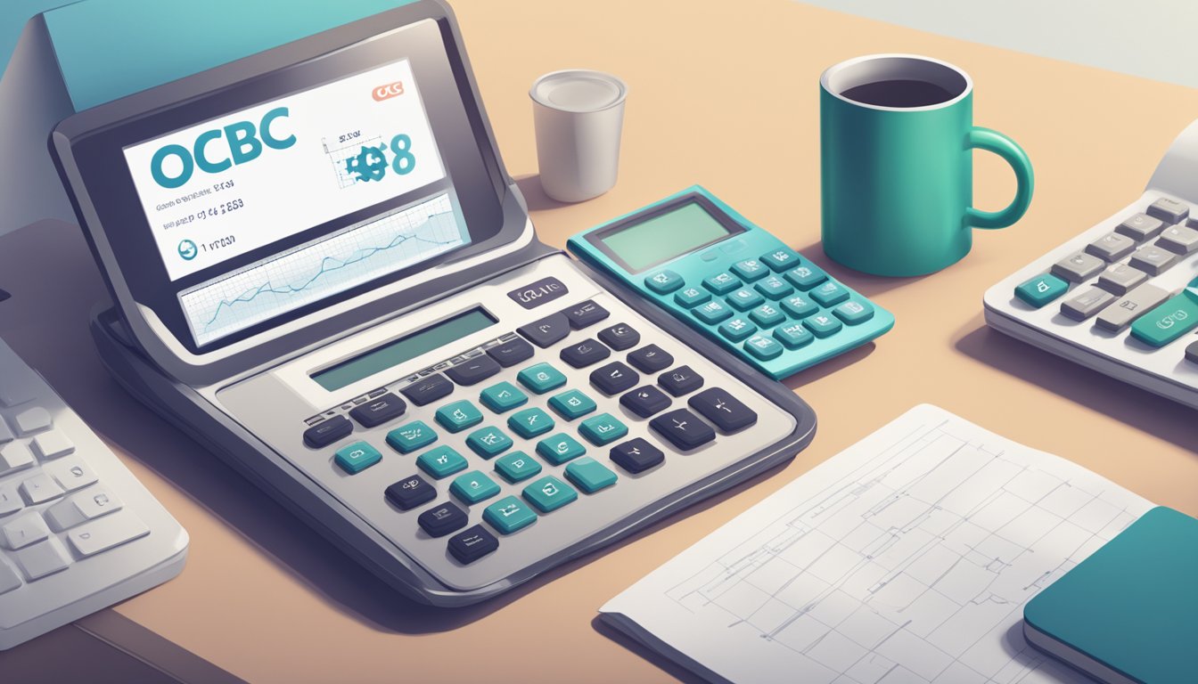 A calculator sits on a desk, surrounded by paperwork and a laptop. The OCBC logo is visible on the screen, with numbers being inputted for a loan calculation
