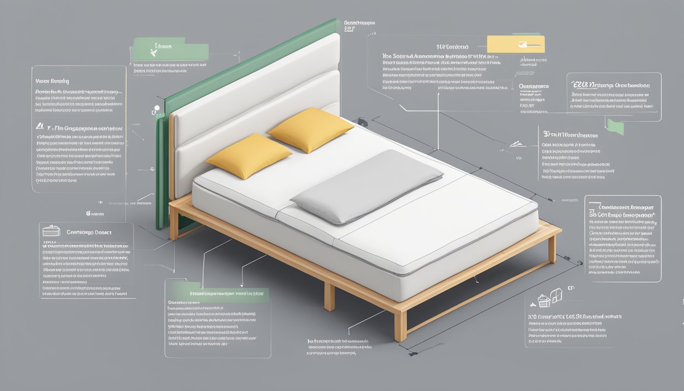 A queen size bed with measurements displayed in Singapore, surrounded by a stack of FAQ papers