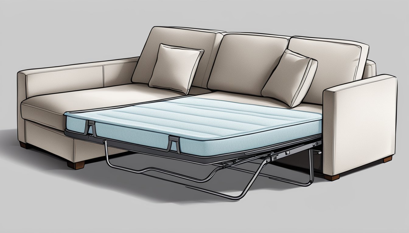 A pull-out sofa bed unfolds from a couch, revealing a mattress and support frame