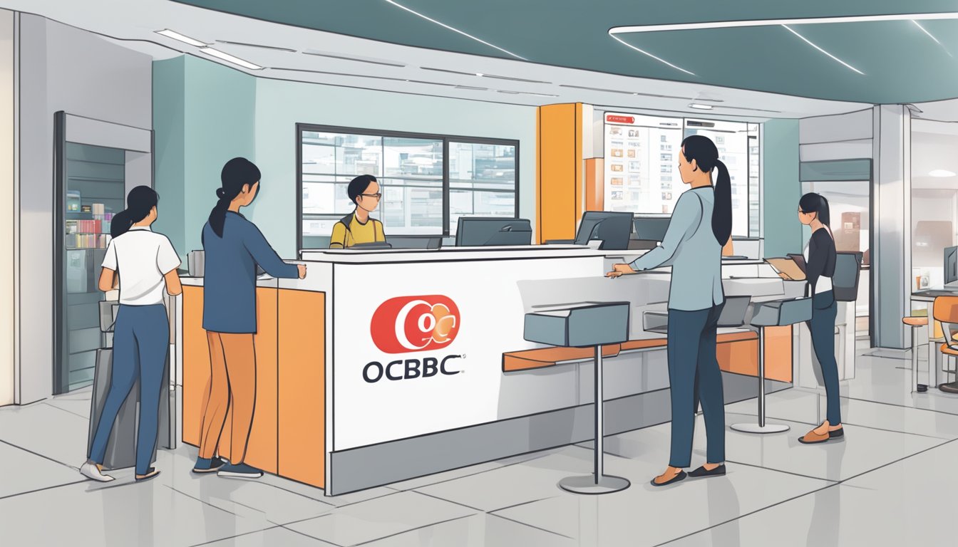 A person at a bank counter, paying fees for OCBC Cash-on-Instalments in Singapore. The bank logo is visible