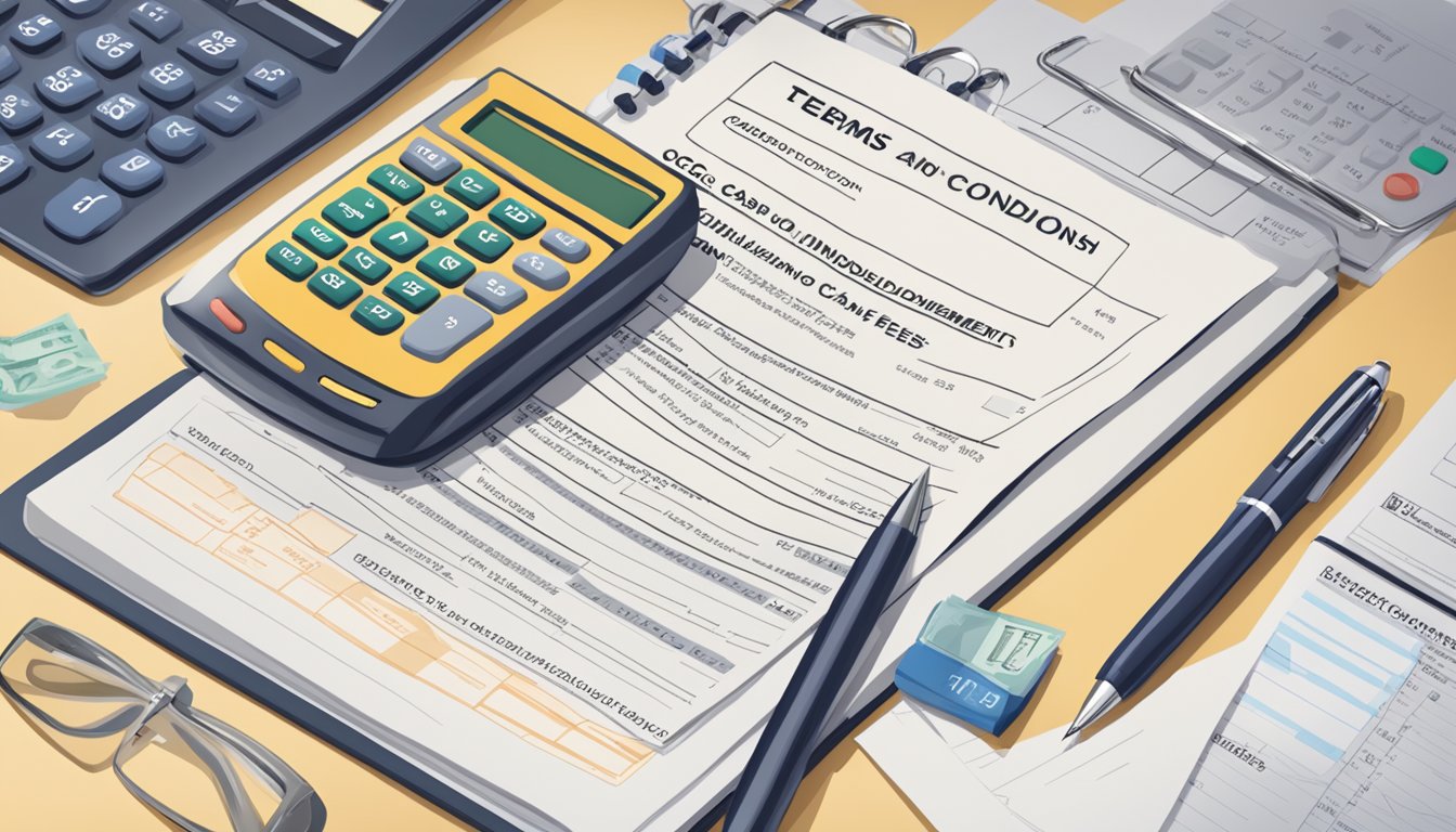 A stack of paperwork with "Terms and Conditions OCBC Cash-on-Instalments Fees Singapore" written on top, surrounded by a calculator and pen