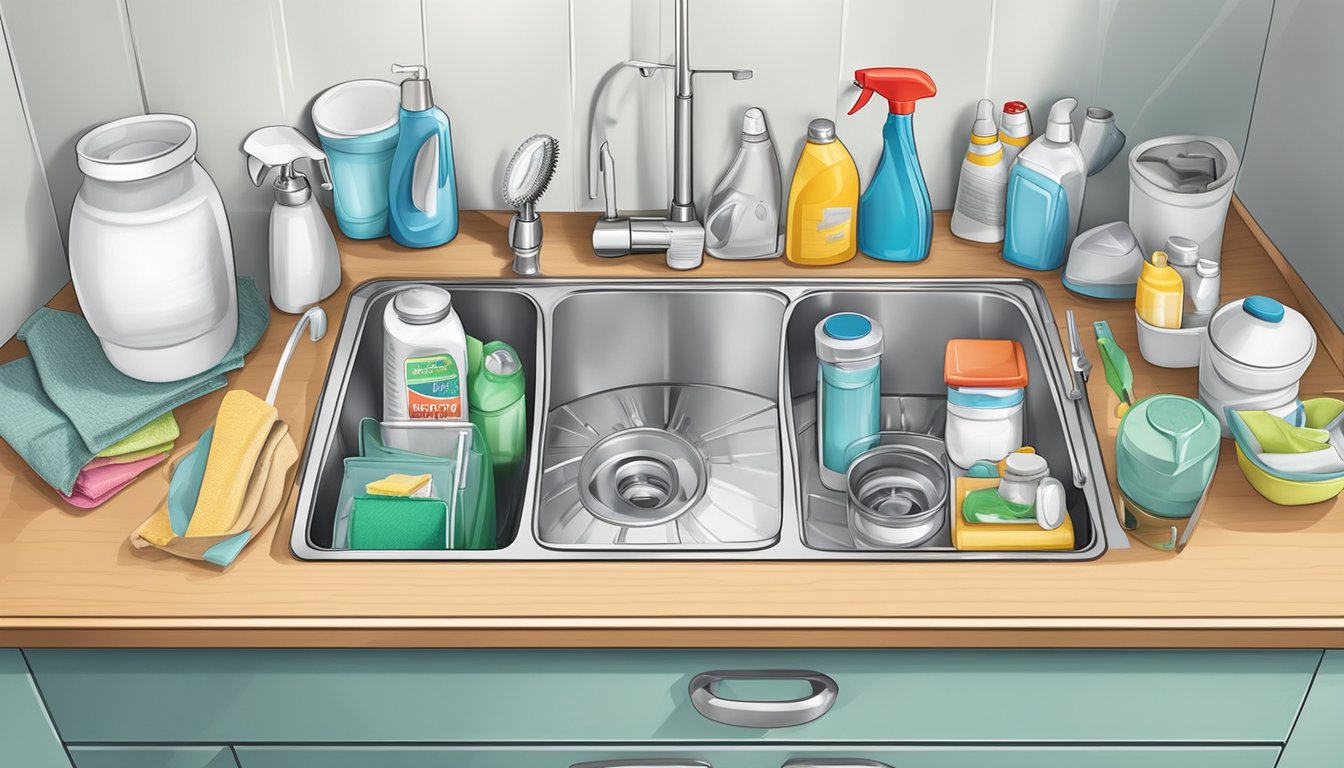 A cluttered kitchen sink cabinet in Singapore with various cleaning supplies and utensils neatly organized