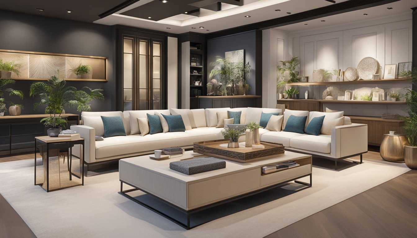 A variety of coffee table styles are displayed in a showroom in Singapore, showcasing modern and traditional designs