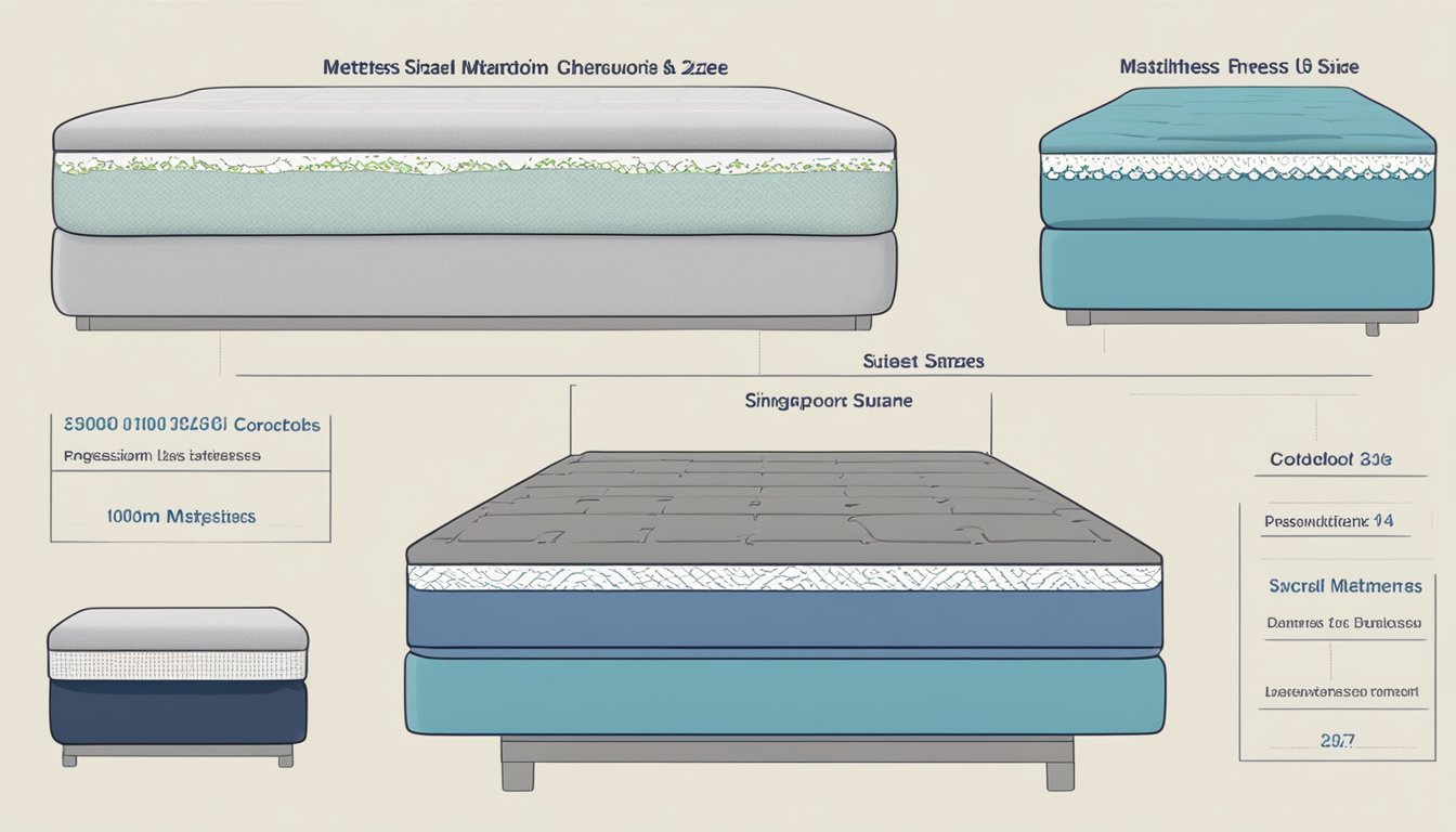 A chart with labeled mattress sizes in Singapore, including dimensions and corresponding names