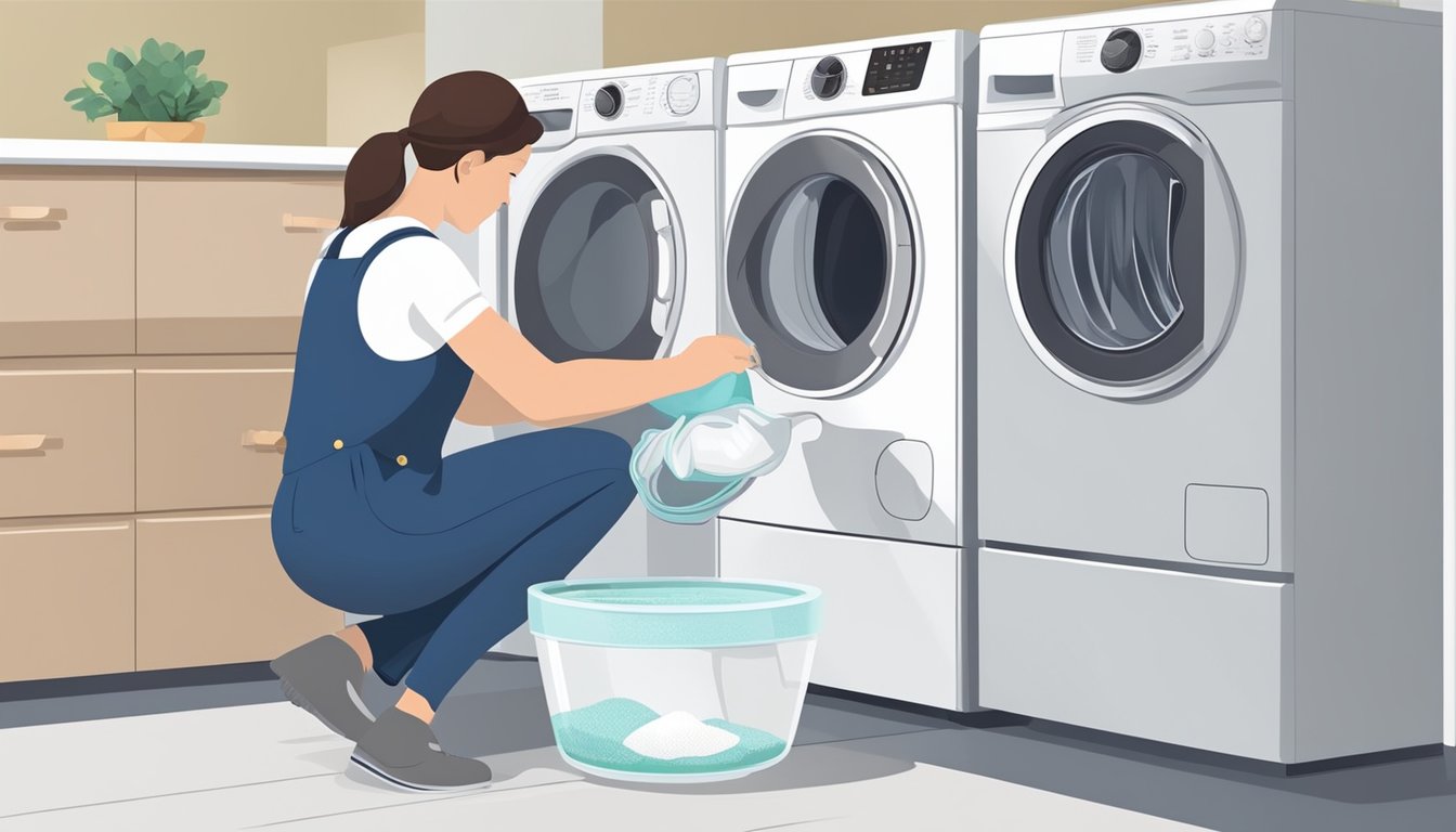 A person pours white vinegar and baking soda into the detergent dispenser of a front load washing machine, then wipes the rubber seal and door with a damp cloth