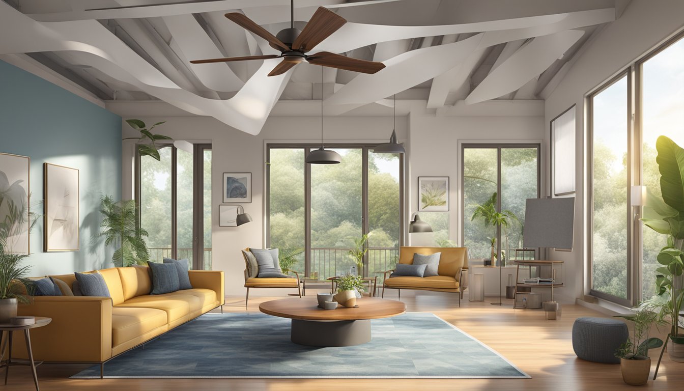 A giant ceiling fan spins slowly, casting a cool breeze across the expansive room