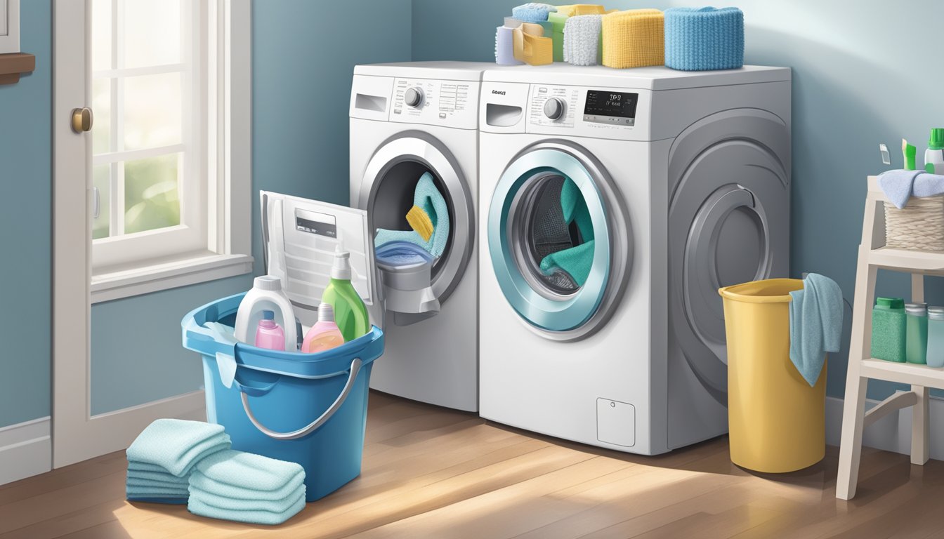 A front load washing machine with the door open, detergent and cleaning supplies nearby, a scrub brush and cloth in hand, and a clear step-by-step cleaning guide displayed nearby