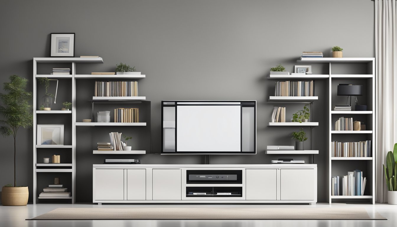 A sleek, modern extendable TV console stands against a white wall, with a large flat-screen TV mounted on top and various electronic devices neatly arranged on the shelves below