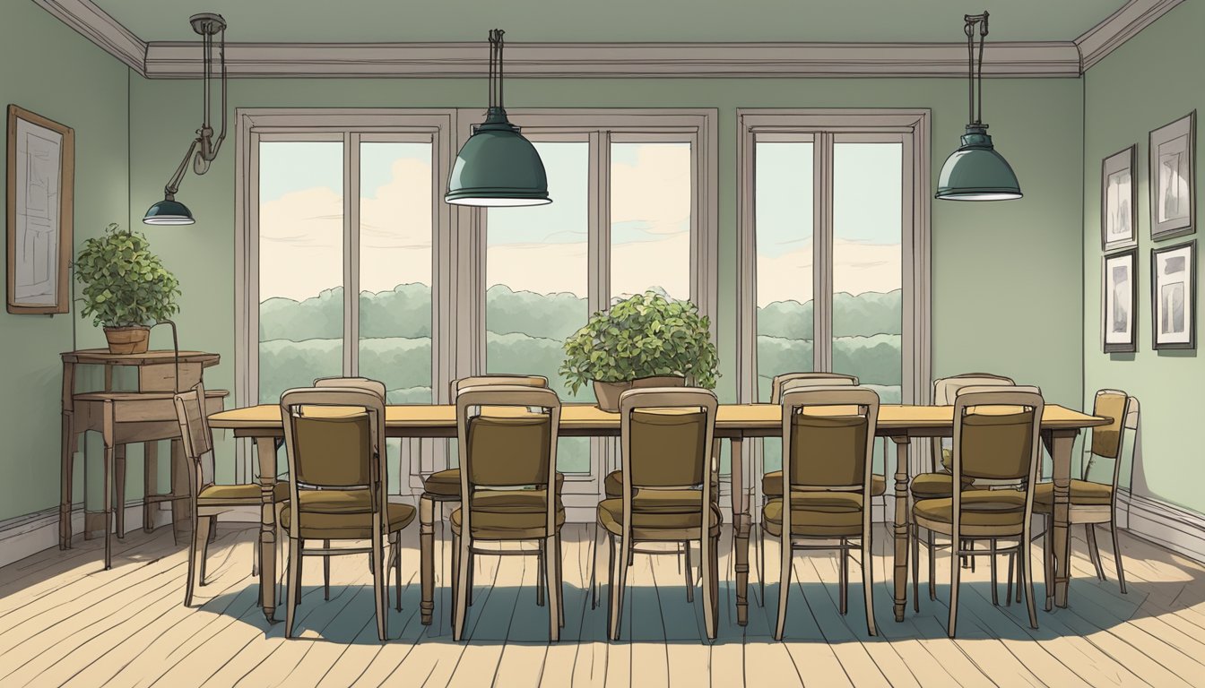 A row of simple, worn-out dining chairs arranged around a plain table in a small, cluttered room