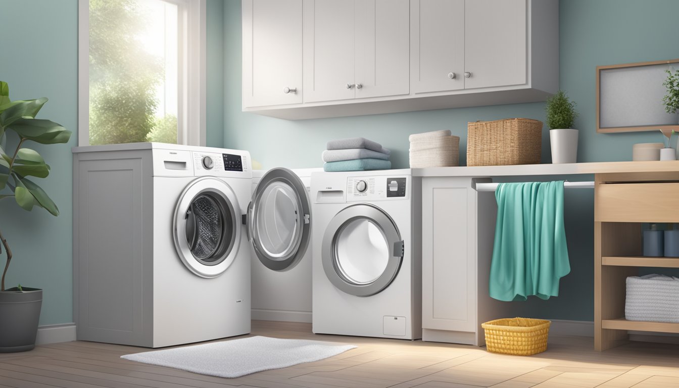 A front load washing machine with open door, detergent, and a clean cloth for wiping