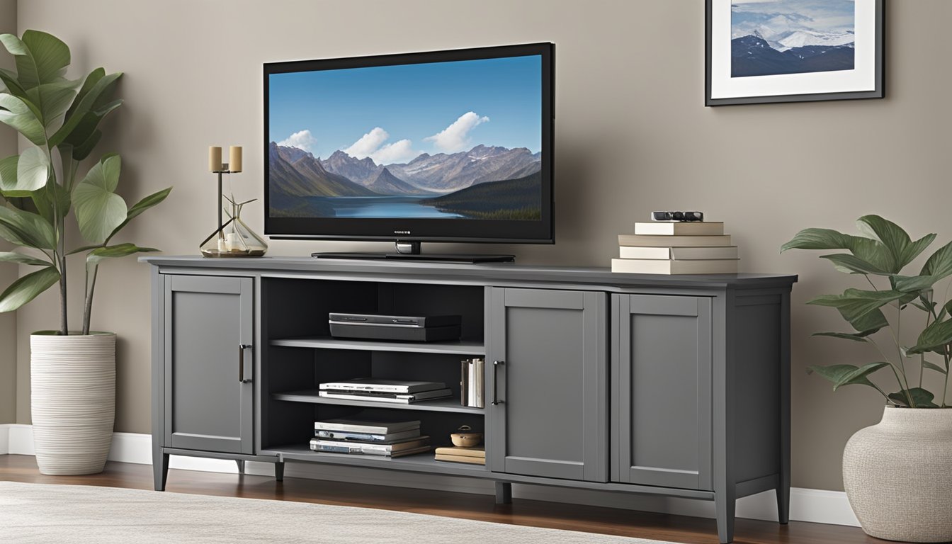 A sleek, modern TV console extends to accommodate larger screens. Cable management keeps cords organized. Adjustable shelves provide versatile storage options