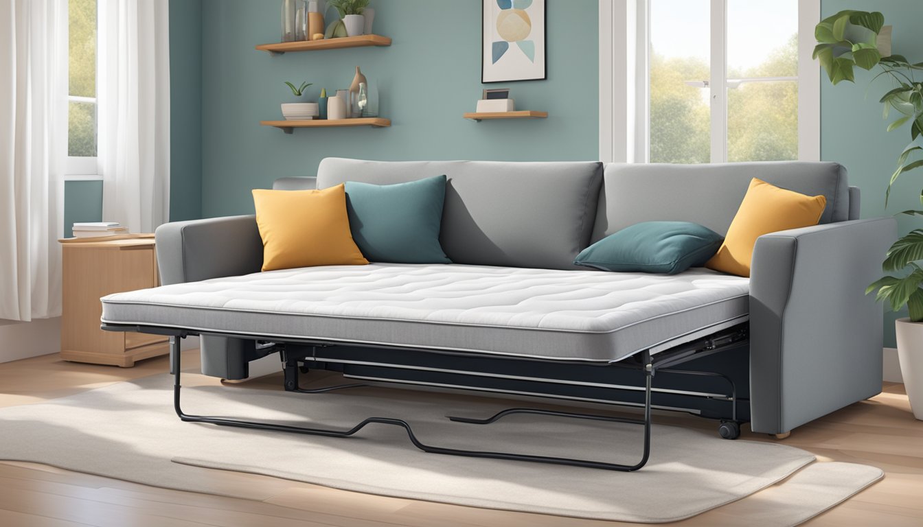 A pull-out sofa bed unfolds as a person pulls the handle, revealing a comfortable mattress and cushions